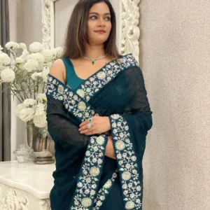 Faux Georgette Teal Blue Saree