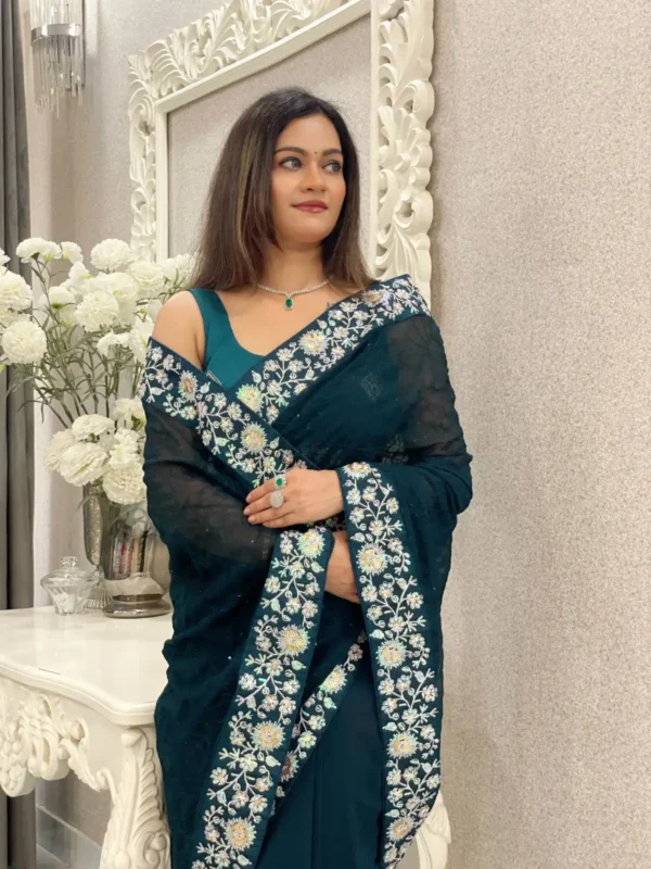 Faux Georgette Teal Blue Saree