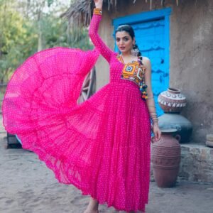 Pink Faux Georgette Bandhani Print work with Kutchi Patchework