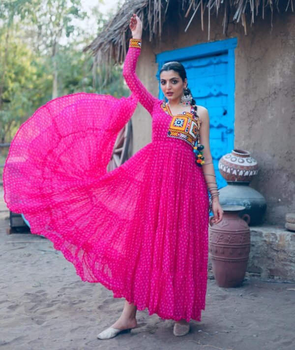 Pink Faux Georgette Bandhani Print work with Kutchi Patchework