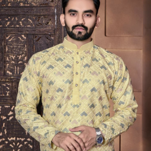 yellow italian silk emboidery kurta pajama